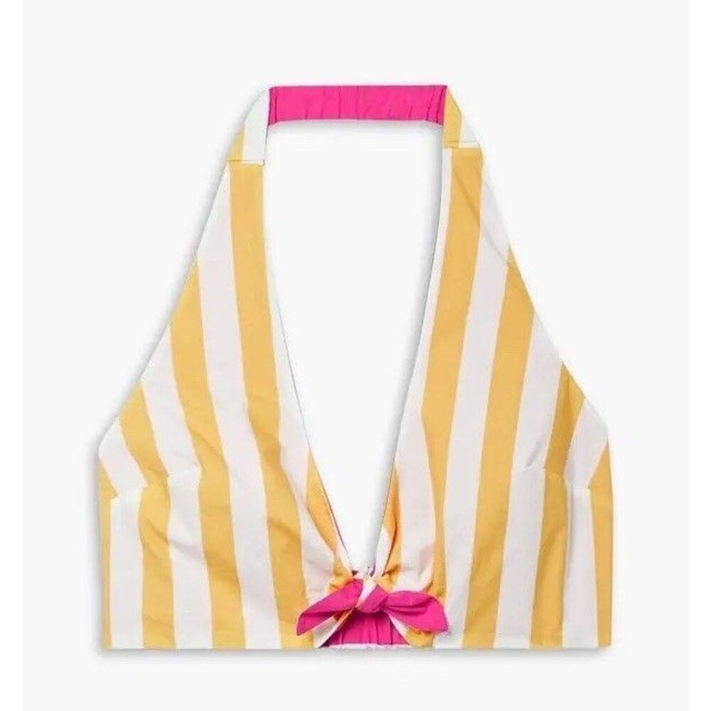 Farm Rio Top Womens Size Small Cropped Striped Halterneck Yellow Cottonpoplin